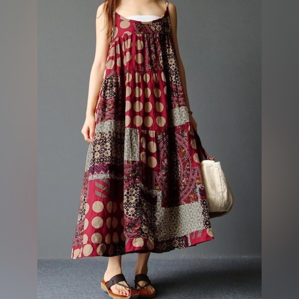 Bohemian Patchwork Maxi Dress in Burgundy and Beige